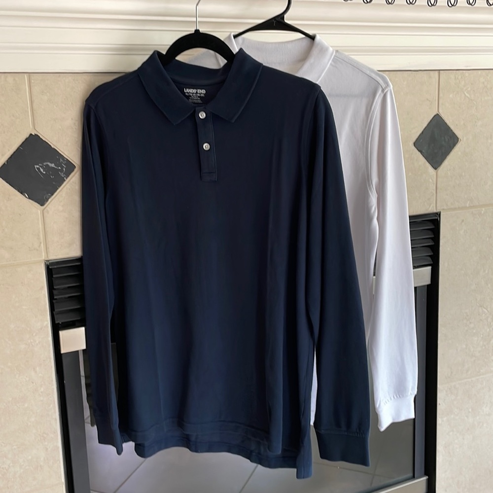 SOLD 2NWOT Ends End Interlock Polos. Selling as a set. Navy and White.